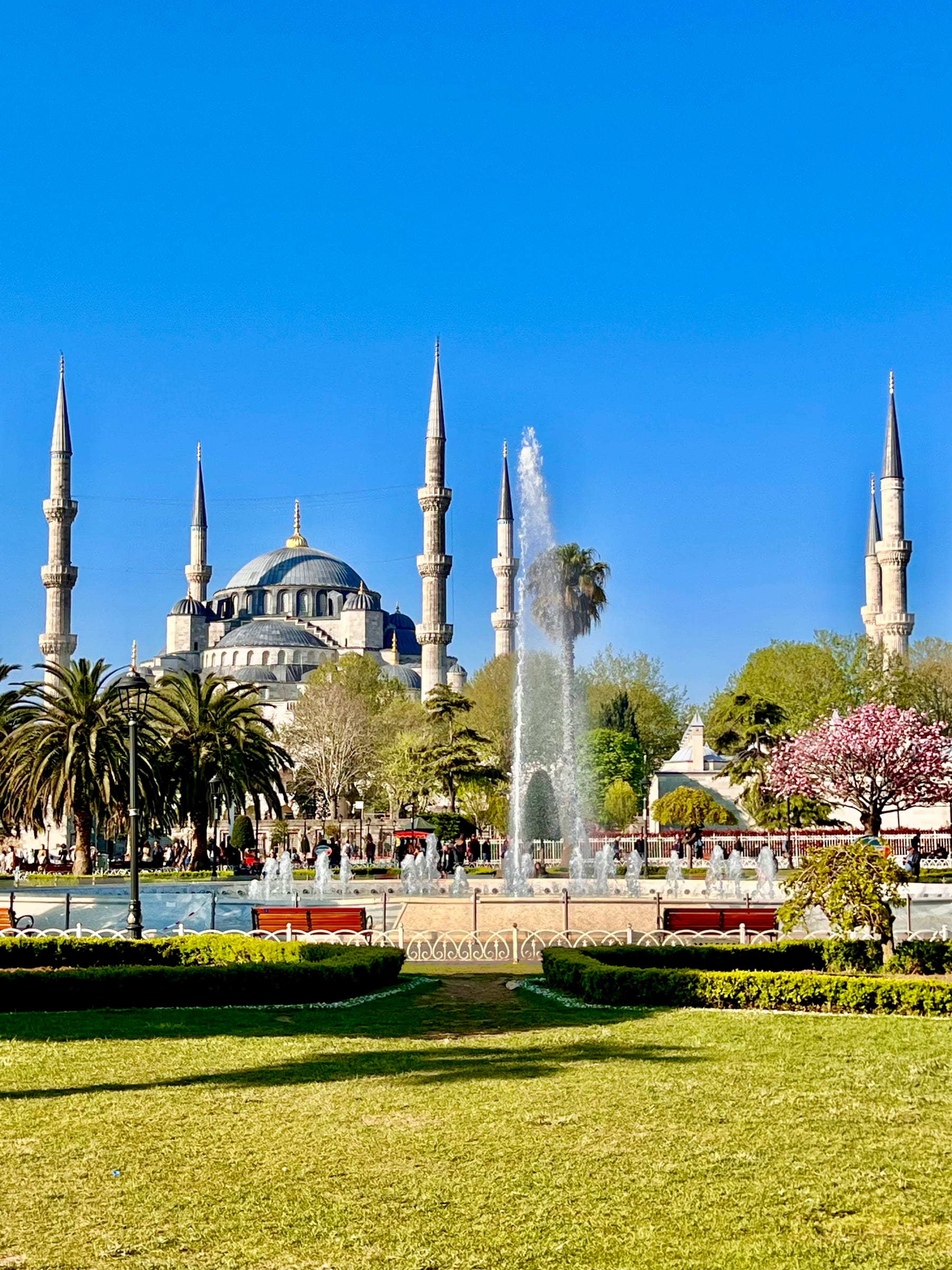 The Blue Mosque (Sultan Ahmed Mosque) with its cascading domes and six minarets above the Sultanahmet gardens and fountain