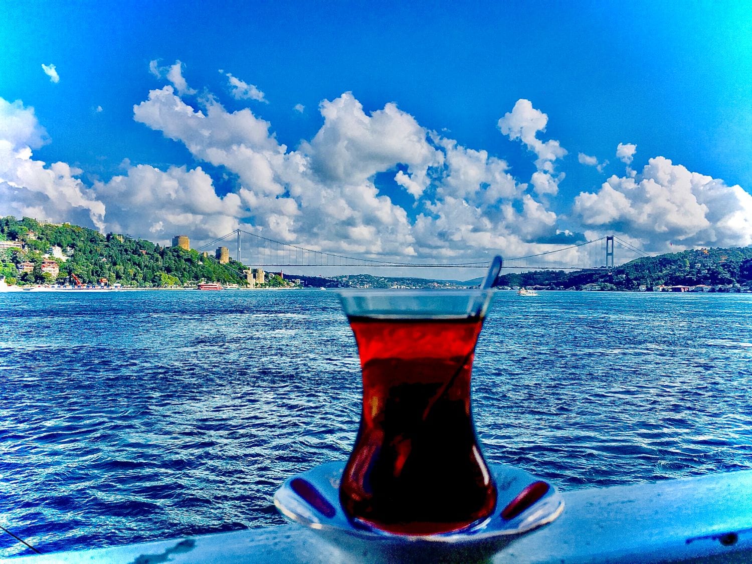 A glass of Turkish tea on the rail of a Bosphorus boat, with Rumeli Fortress and the Fatih Sultan Mehmet Bridge across the water