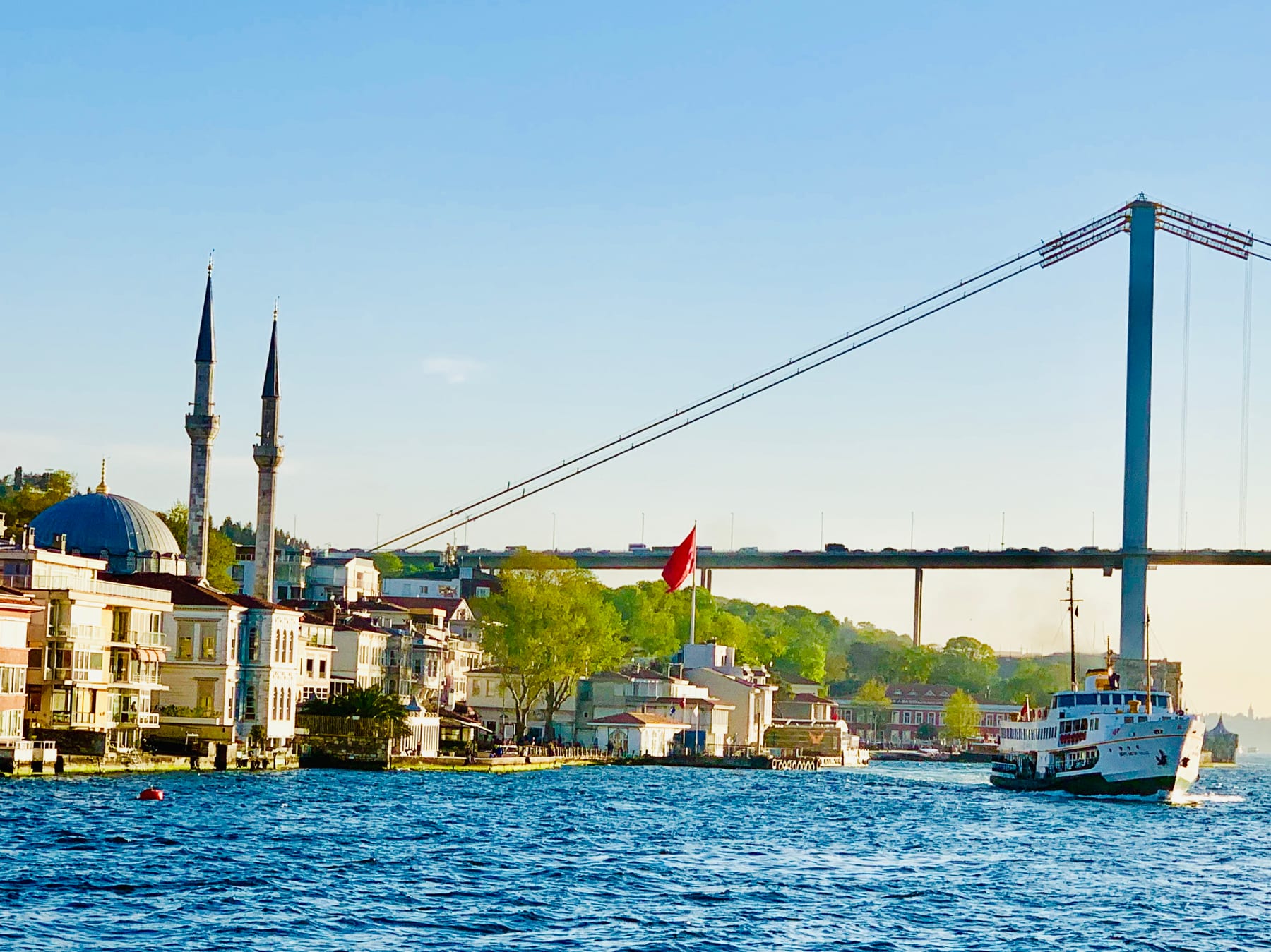 The Istanbul waterfront seen from the Bosphorus, with ferries, domes and minarets lining the shore