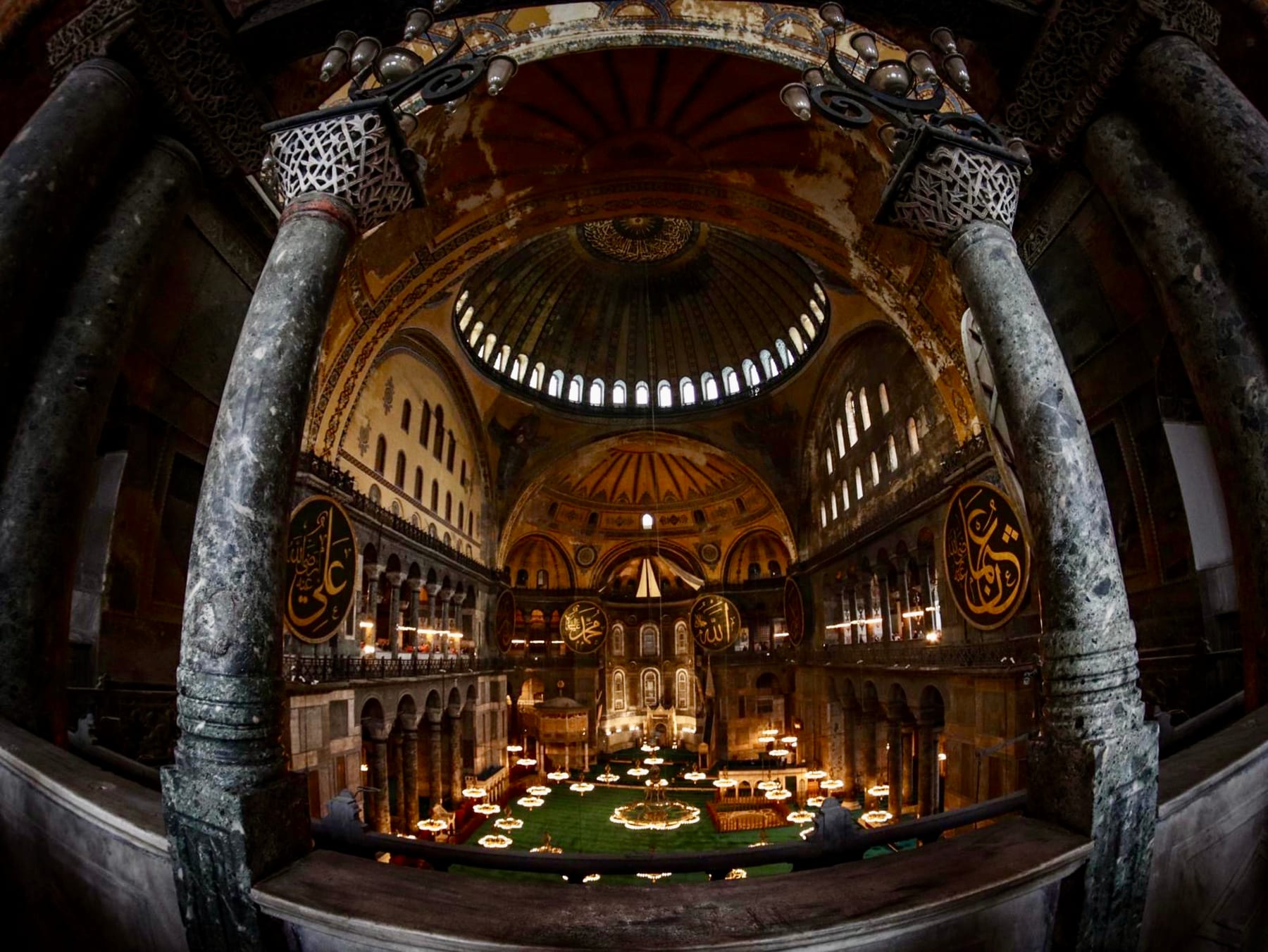 The vast golden interior dome of Hagia Sophia in Istanbul